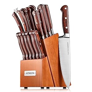 AOKEDA 15-Piece Kitchen Knife Set with Block, Stainless Steel Knives, include Sharpener, Poultry Shears (Classic Pakkawood)