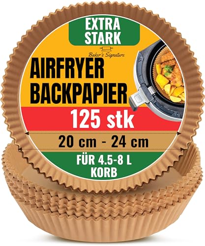 Backpapier für Heißluftfritteuse für Ninja und mehr – 125 Stück 20 cm Rund Papier Einsätze Einweg heißluftfritteuse backpapier zum Rösten, airfryer backpapier – Leichte Reinigung von Baker's Signature