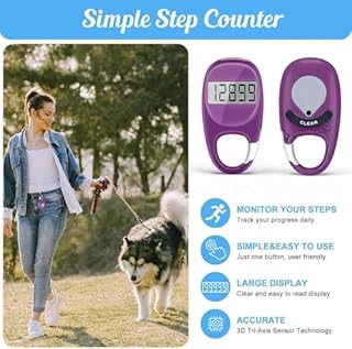 Simple Pedometer for Walking, Accurate Step Tracker with Carabiner, 3D Step Counter for Men Women Seniors - Purple