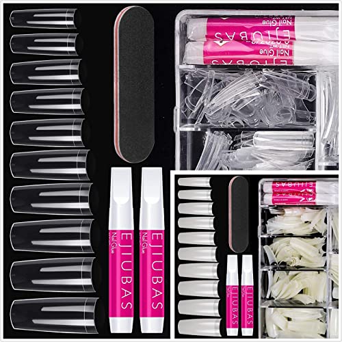 Nail Tips Fake Nails Kit 2 Colors Clear Nail Tips And Glue 500PCS Natural Cofffin Nail Tips Acrylic Nail Tips 8PCS Nail Glues 2PC Nail File With Case for Nail Salons and DIY Nail Art, 10 Sizes