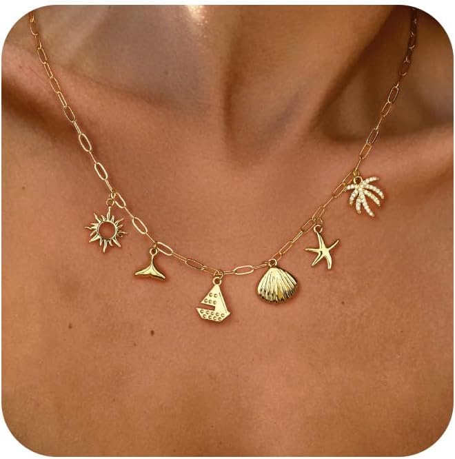 Charm Necklace for Women,Dainty 14K Gold Plated Starfish Seashell Necklace Simple Gold Beach Necklaces for Women Trendy Beach Jewelry
