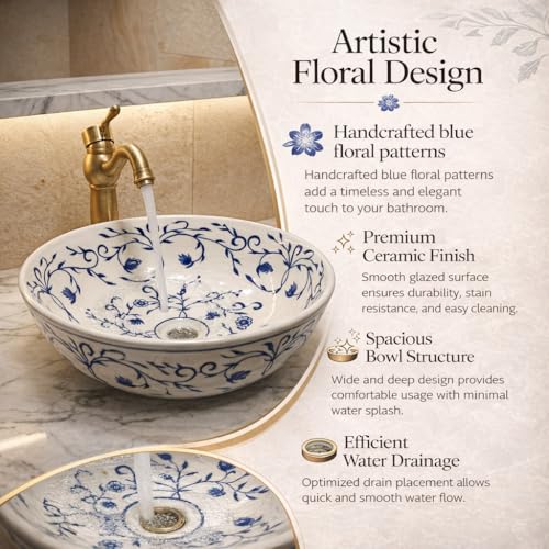 Image of BASSINO 15x15x6 Inches Table Top Washbasin /Premium White-Blue Ceramic Wash Basin /Designer Basin for Bathroom,Home,Hotel /Round Shape Sink /Small Wash Basin(Glossy)