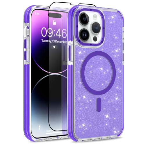 Image of Magnetic Case for iPhone 14 Pro Max [Compatible with Magsafe] [Bling Glitter Fluorescent Design] [1 Screen Protector] Slim Translucent Matte Case for iPhone 14 Pro Max 6.7 inch 2022, Purple
