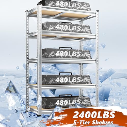 Image of REIBII Garage Shelving, 5 Tier Storage Shelves Load 2400LBS, Adjustable Garage Shelving Heavy Duty, Metal Shelving Unit with Waterproof Columns, 35.5 inch W x 11.9 inch D x 72 inch H, Galvanized, 4 Pack