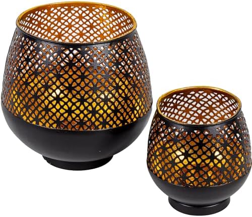 Gadgy Portacandele Nero Oro - Lanterne da Tavolo Set di 2 - Portacandele in Metallo con Ornamenti - Lanter...