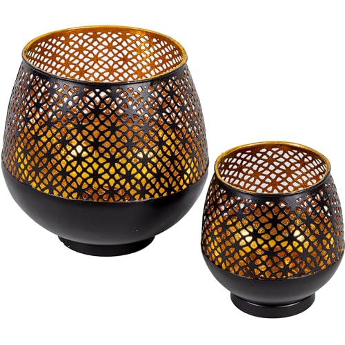 Gadgy Portavelas Negro Dorado - Portavelas de Mesa 2 Piezas - Portavelas de Metal con Ornamentos - Portavelas Decorativo de Metal Negro - Decoración de Mesa Portavelas Negro - 10 x 9 cm & 16 x 15 cm