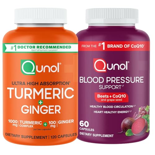 Qunol Turmeric and Ginger Capsules 1000mg, 120ct, Ultra High Absorption Joint Health Supplement, Plus Blood Pressure Support with Beets, CoQ10 & Grape Seed Extract, 60ct, Heart Health Support