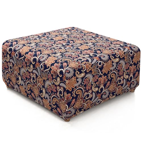Image of YISUN Ottoman Cover Square, Stretch Printed Ottoman Slipcover Square, Thick Storage Ottoman Covers Washable Footrest Stool Cover Protector with Nonslip Elastic Bottom