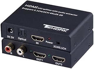 Tendak 1X2 4K HDMI Splitter with Audio Extractor + Optical and R/L Output Powered 1 in 2 Out Signal Distributor Support 3D for PS4 Xbox One DVD Blu-ray Player HD TV Projector