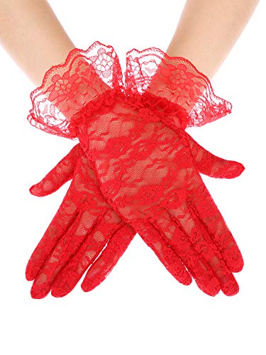SATINIOR Ladies Lace Gloves for Women Tea Party Elegant Short Courtesy Gloves for Wedding Dinner Opera Parties(Red 1 Pcs)