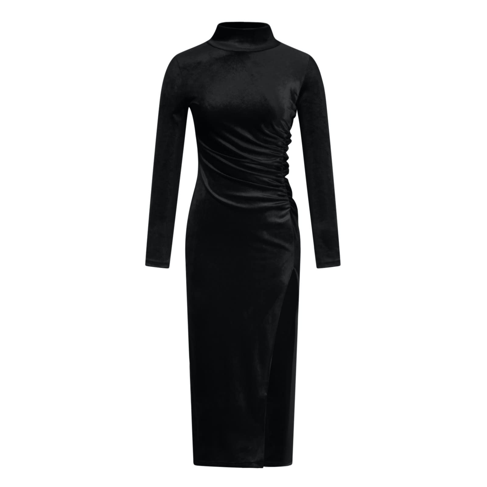 Robe vintage en velours avec col en V et col roulé - Manches longues - Robe de soirée moulante - Robe de bal élégante et rétro, 1056-Noir, XXL