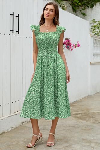 Image of Women's 2026 Spring Summer Floral Midi Dresses Square Neck Smocked Waist Beach Wedding Guest Long Flowy A Line Sundress