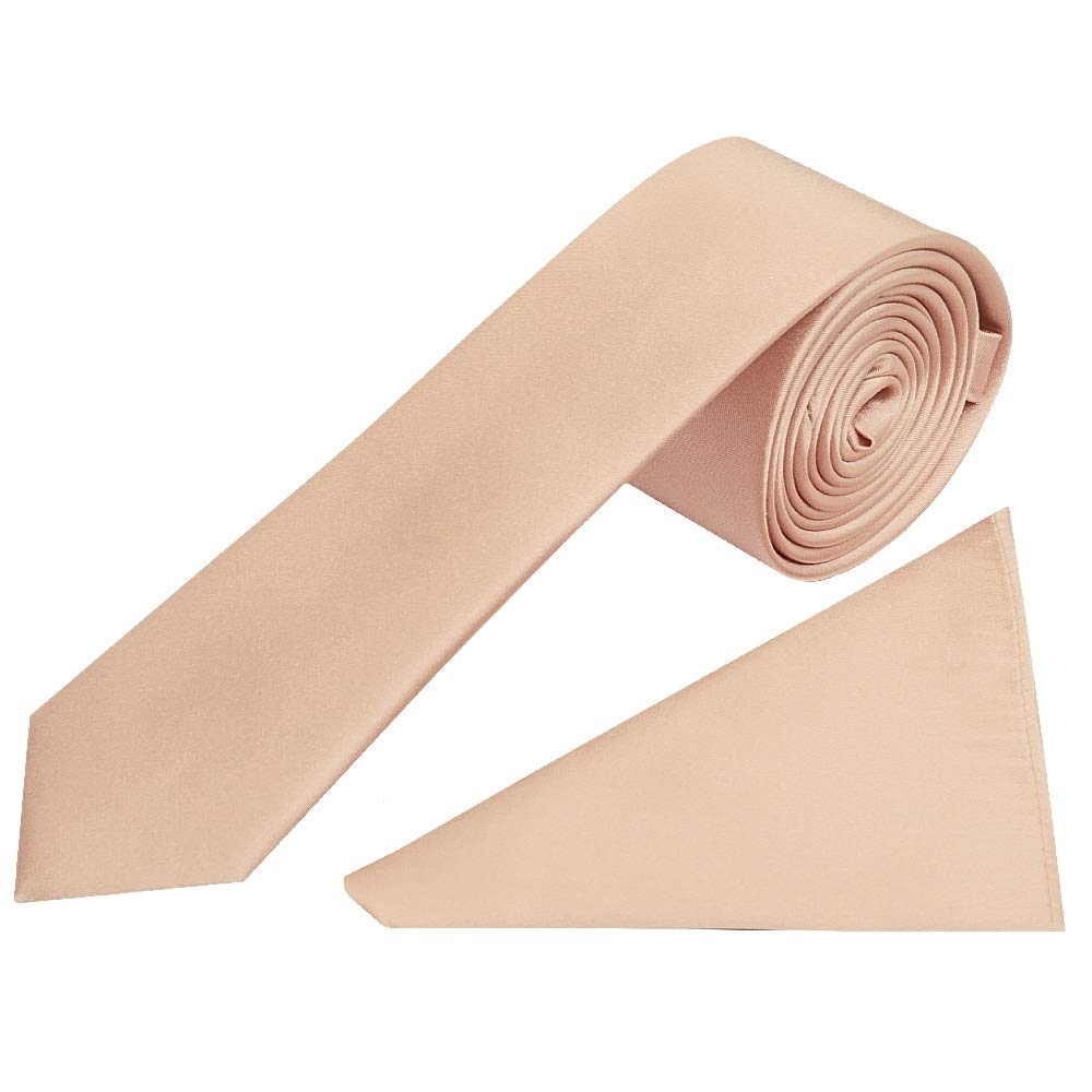 TIES R US Plain Light Peach Satin Silk Skinny Men's Tie and Pocket Square Set