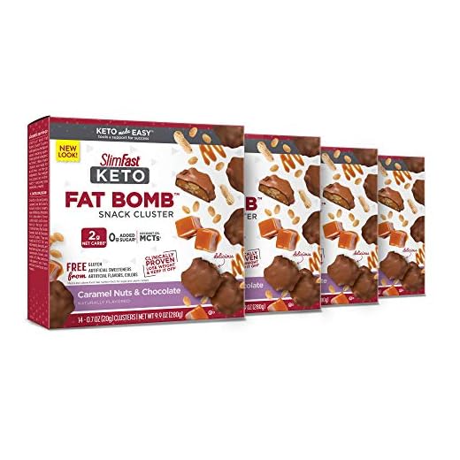 SlimFast Low Carb Chocolate Snacks, Keto Friendly for Weight Loss with 0g Added Sugar & 6g Fiber, Caramel Nuts & Chocolate, 14 Count Box (Pack of 4) (Packaging May Vary)