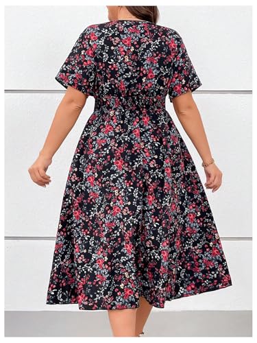 Image of Floerns Women's Plus Size Boho Hawaiian Tropical Dresses V Neck Short Sleeve Floral A Line Long Dress Vacation Beach Outfits