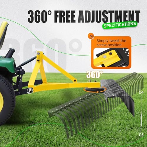 KUAFU 60In Landscape Rake, 3 Point Rake, 360 Rotation Compatible with Category 1, Cat1 Tractors Tow-Behind Garden Tool for Garden, Farm, Clearing Brush, Raking Arenas 2 Package Yellow