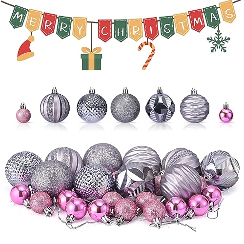 Kidken 16pcs 8cm Christmas Baubles Shatterproof Christmas Ball Ornaments with Hanging Loop for Christmas Tree Holiday and Party Decoration, Silver and Pink