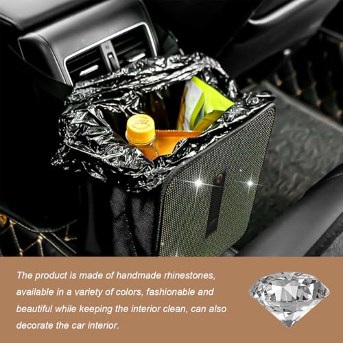 Image of Car Trash Can, Bling Rhinestone Crystal Waterproof Hanging Garbage Bag for Car Interior, Oxford Leakproof Foldable Waste Organizer Trash Bin Universal for Most Vehicles (AB)