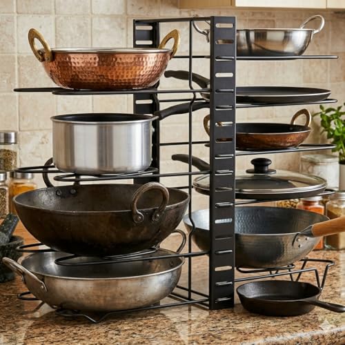 Image of ProGrade Pan Stand, Black Metal Multi-Tier Pot and Pan Organiser Rack, Freestanding, Powder Coated, for Kitchen Storage