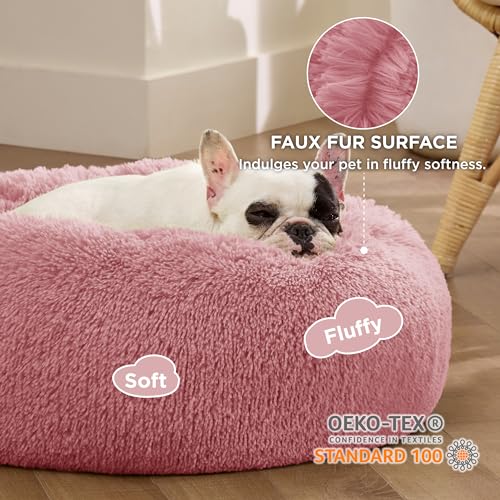 Image of Bedsure Calming Dog Bed for Small Dogs - Donut Washable Small Pet Bed, 23 inches Anti-Slip Round Fluffy Plush Faux Fur Large Cat Bed, Fits up to 25 lbs Pets, Mauve Blush