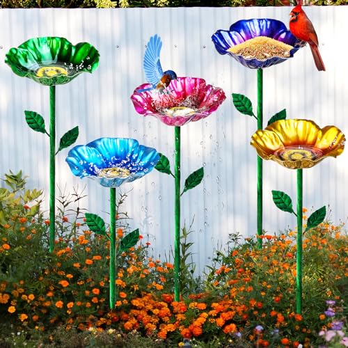 FLYVOLE Metal Bird Baths for Outdoors, Garden Bird Bath & Bird Feeders with Metal Stake, Hummingbird Feeder for Outdoor Garden Yard Lawn Decor (5PCS)