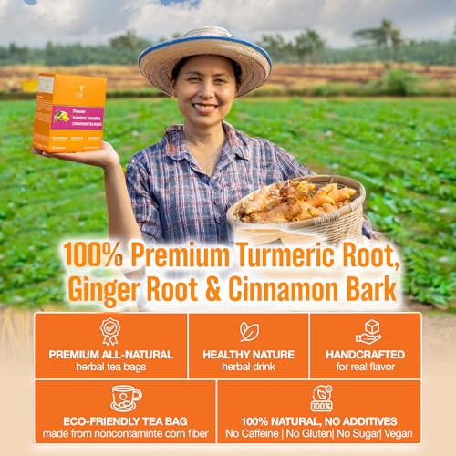 VINAREEN Turmeric Ginger Cinnamon Herbal Tea, 100 Tea Bags, Supports Digestion, Brain, Weight, Skin & Sleep Wellness, Premium Natural Ingredients, Eco-Conscious Tea Bags, Caffeine-Free, Sugar-Free, Gluten-Free, Vegan. - Image 4