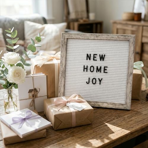 Image of C Crystal Lemon Board, 317 Pre-cut Letters Numbers & Symbols, 10x10 Inches Felt Message Board, Changeable Wooden Sign, Wood Frame, Wall Mount, With Display Stand (Rustic White) | Clean rustic white letter board with 336 letters, wood frame, stand and wall mount for welcome, home and event messages