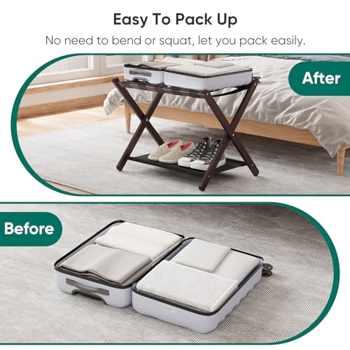 Smuxee Brown Bamboo Luggage Rack Pack of 2, Foldable Suitcase Stand with Storage Shelf, Easily Assembled Luggage Stand with 5 Nylon Straps for Guest Room Bedroom Hotel