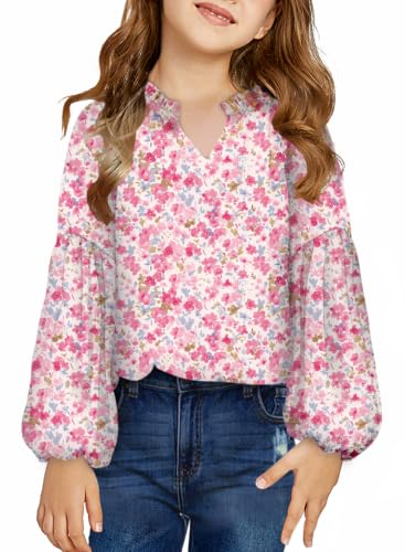 Image of blibean Girls Flower Bell Long Sleeve Blouse Fall Floral Tops 4-15 Years | Kids Flowy V-Neck Bell Long Sleeve Tops, Boho Flower Print Loose Fit Tunic, Spring Fall Cute Casual Dress Bohemian Clothes