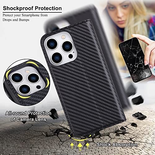 Visoul Case For Iphone 14 Pro Max Wallet Case, Magnetic Carbon Fiber Leather Folio Case With Card Holder For Men And Women, Flip Case Cover For Iphone 14 Pro Max (6.7-Inch)(Black+Black) #TOP5