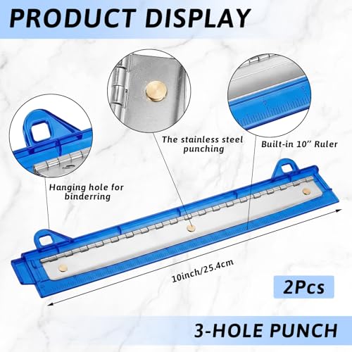 Image of 2 Pcs 3 Hole Puncher for Binder Portable 3 Hole Puncher for Ring Binders with 10 inch Ruler 5 Sheets Capacity for Office and School Supplies (Blue)