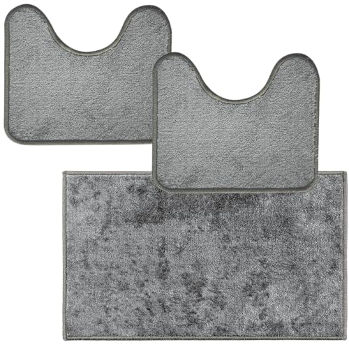 Comart - Set Tappeti Ocean Bagno - Tris Tappetini Bagno: Un Tappeto Rettangolare 45x75 cm + Due Giro Water o Bidet 45x75 cm - Soffici e Morbidi - Sottili e Antiscivolo - Lavabili in Lavatrice - Grigio