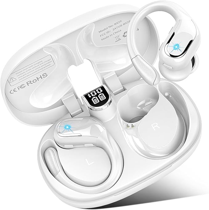 Wireless Earbuds, 75Hrs Bluetooth 5.3 Headphones Sport, Bluetooth Earbuds with ENC Noise Canceling Mic, Bass Stereo Wireless Earphones IP7 Waterproof Over Ear Buds with Earhooks for iOS/Android, White