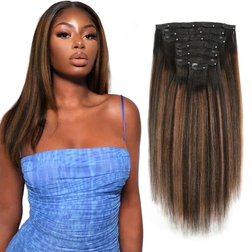 ABH AMAZINGBEAUTY HAIR Yaki Straight Clip ins Human Hair Rooted Black Piano Natural Black 1B Mixed With Light Auburn 30 Two Tone Yaki Clip ins 14 Inch Clip in Hair Extensions for Black Women 120G