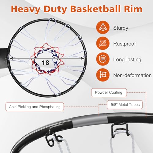 MIUDGIG 18" Basketball Rim Replacement, Universal 18" Professional Double Spring Solid Steel Basketball Hoop Rim with Net Fits In-Ground & Wall-Mounted Basketball Hoops, Indoor/Outdoor (Black) - Thumbnail 2