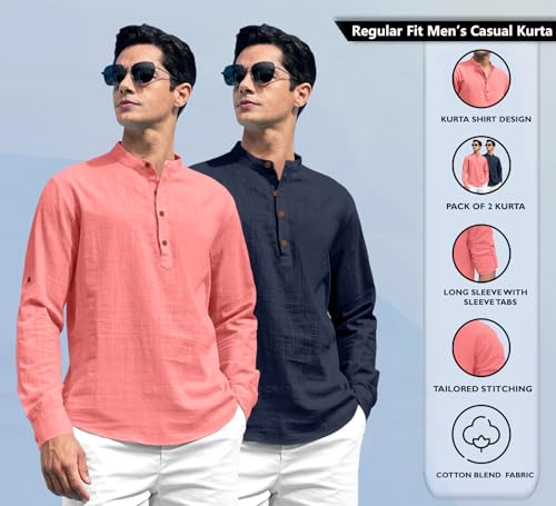 Image of Zombom Combo of Men's Solid Cotton Polyester Blend Full Sleeve Straight Kurta Shirt (Pack of 2)