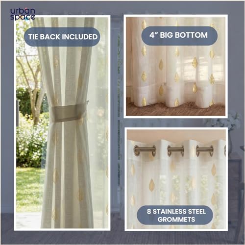Image of Urban Space Gold Foil Sheer with Texture, Curtains for Window, 35-40% Room Darkning, Set of 2 Decorative Curtains with Tieback and Eyelets (Vanya Buttercream, Window- 5 Feet)