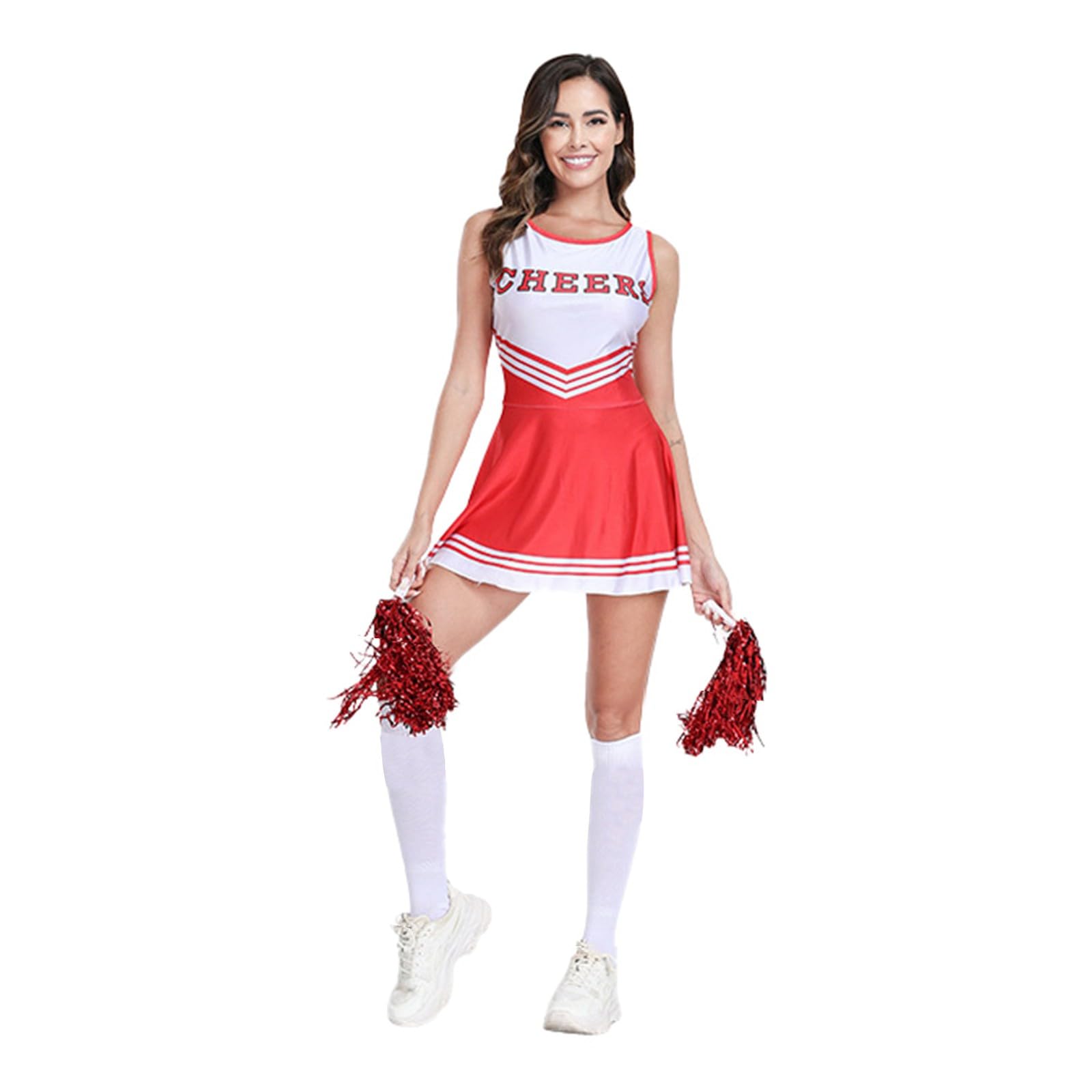 Cheerleader Outfit Adult Fancy Dress Costume - Halloween Carnival Cheerleader Costume Women Cheerleading Outfit with Pom Poms Red