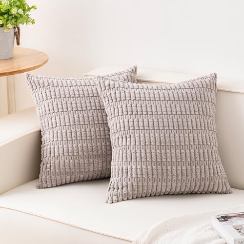Image of Pack of 2 Corduroy Decorative Throw Pillow Covers 18x18 Inch, Silver Gray | Fall Soft Striped Pillow Covers Modern Farmhouse Home Decor Christmas Throw Pillow Covers for Sofa Living Room Couch Bed