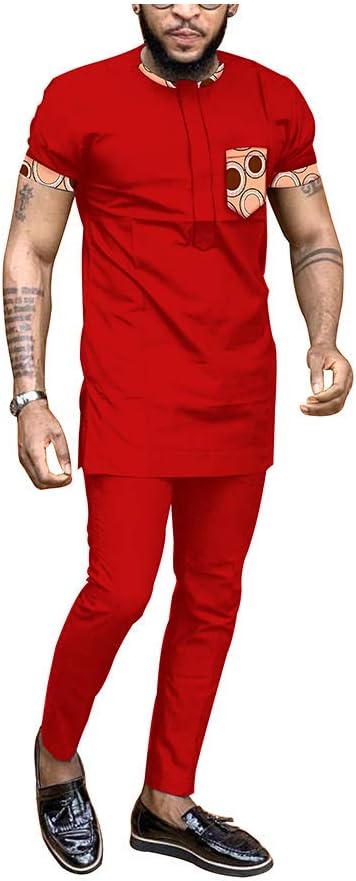 Mens 2 Pieces Suits African Clothing Print Shirts and Pants Short Sleeve Dashiki Outfits