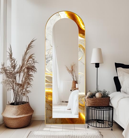 Specchio da pavimento astratto a lunghezza intera, 50 x 160 cm (larghezza x altezza), effetto marmo bianco, specchio da pavimento con cornice nera e cornice nera