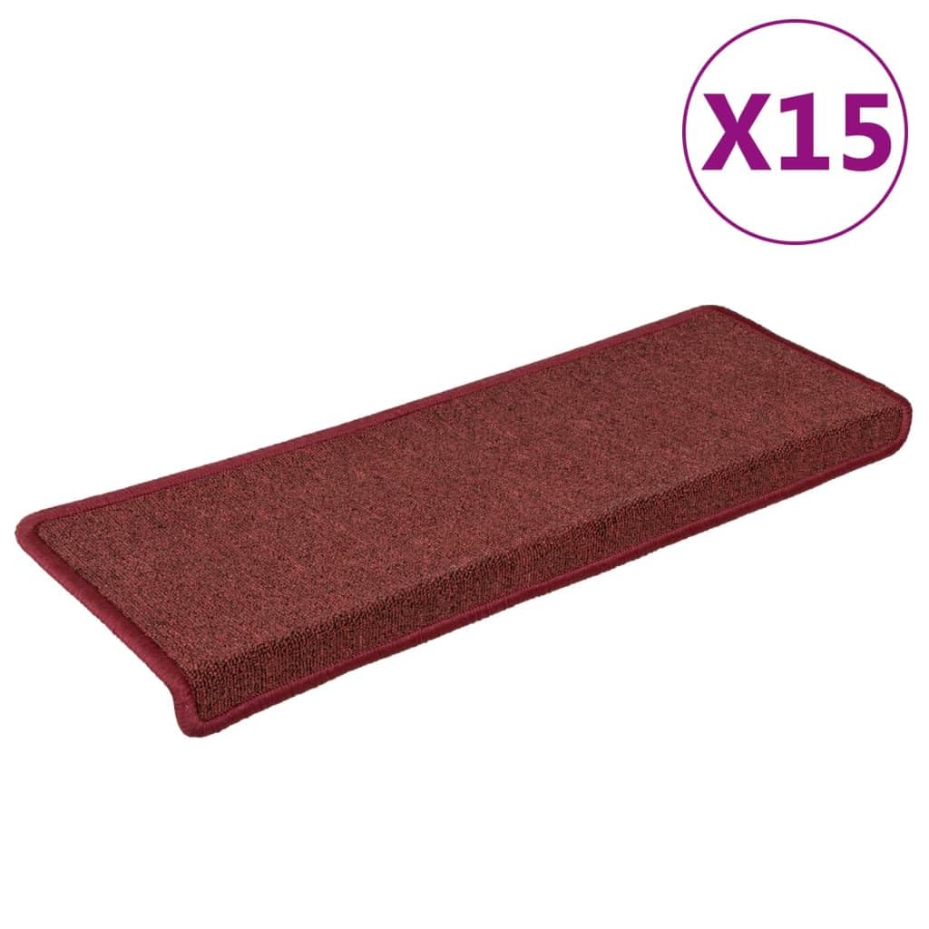 Lot de 15 tapis d'escalier 65 x 21 x 4 cm - Bordeaux - Bord rectangulaire - Antidérapant - En 100 % polypropylène touffeté - Insonorisant et lavable - Avec bandes adhésives double face
