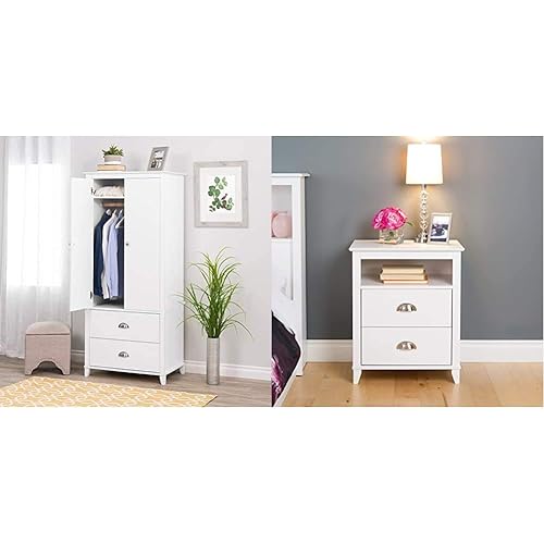 Prepac Yaletown Armoire, 31.5" W x 72" H x 21" D, White & Yaletown 2 Drawer Tall Nightstand, White
