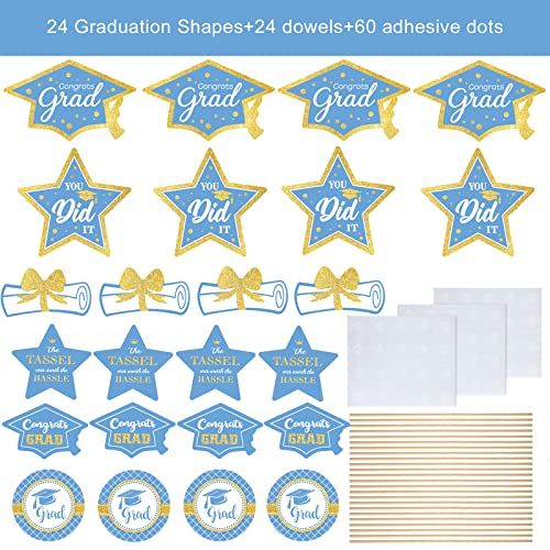 Image of Light Blue and Gold Graduation Decorations Set of 24 Class of 2024 Table Decor Congrats Grad Party Centerpiece Sticks Table Toppers Graduation Party Supplies