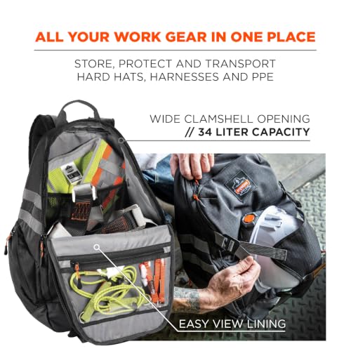 Image of Ergodyne Arsenal 5188 Work Gear Jobsite Backpack with Hard Hat Storage, Padded Shoulder Straps, 39L Capacity,Black, Large