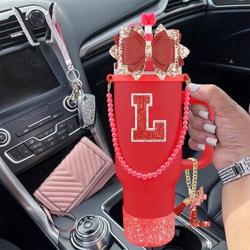 Hpebl 9PCS Red for Stanley Cup Accessories Set Bling Initials Bow Charms for Stanley Decorations 30/40 Oz Tumbler Accessories Including Bow Straw Topper, Handle Strap, Spill Stopper（Letter L） - image 6