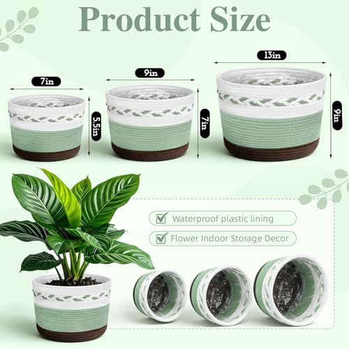 Remerry 3 Pcs 7" 9" 13" Cotton Rope Plant Baskets Indoor with Plastic Liner 3 Colorful Straw Woven Plant Basket Indoor Green Round Wicker Basket for Living Room Floor Potted Pots Decor by Remerry - Used condition - Image 2