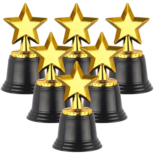 WINKIO Star Trophy Awards, Mini Trophies, Plastic Gold Star Trophies - Pack of 6 -(4.3Inch) Trophies for Kids Party Favors, Props, Rewards, Winning Prizes