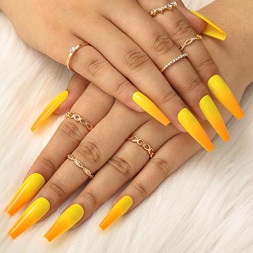 Vivilly Coffin Fake Nails Long Glossy Ballerinas False Nails Gradual Change Clips Press on Nails for Women and Girls (Orange&Yellow)