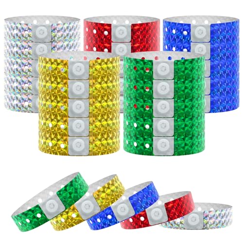 100 Pcs Plastic Holographic Party Wristbands, Waterproof Colored Vinyl for Events, Parties, Festivals and Concerts